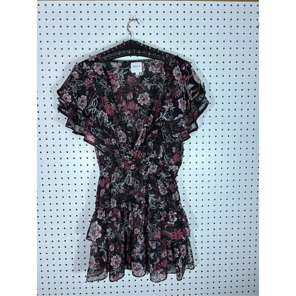 Misa Los Angeles Gallie Black Pink Floral Print Ruffle Mini Dress Size S - Picture 1 of 9